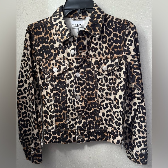 New Ganni Leopard Print Side Zip Denim Jacket Women's Size XXS - Picture 2 of 11